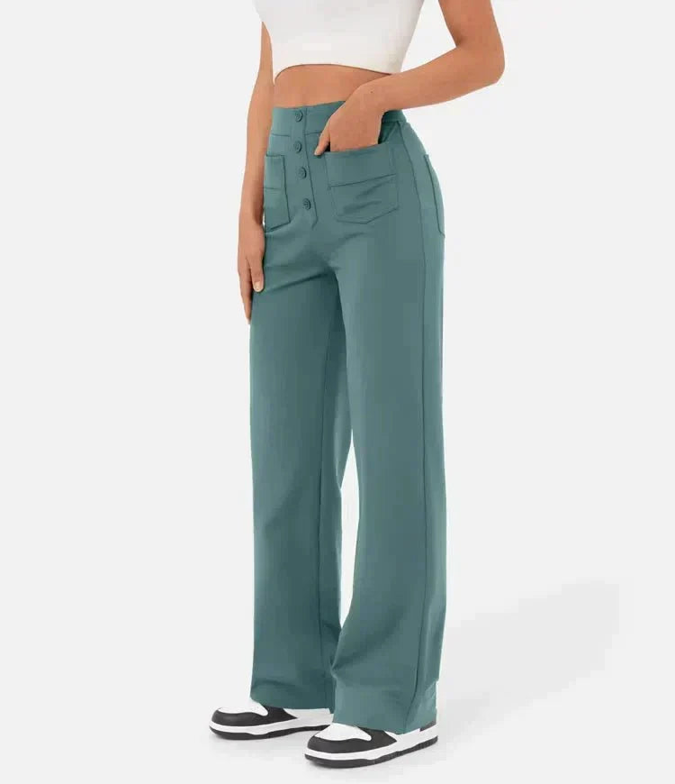 High Waist Button Front Patch Pocket Wide Leg Trousers
