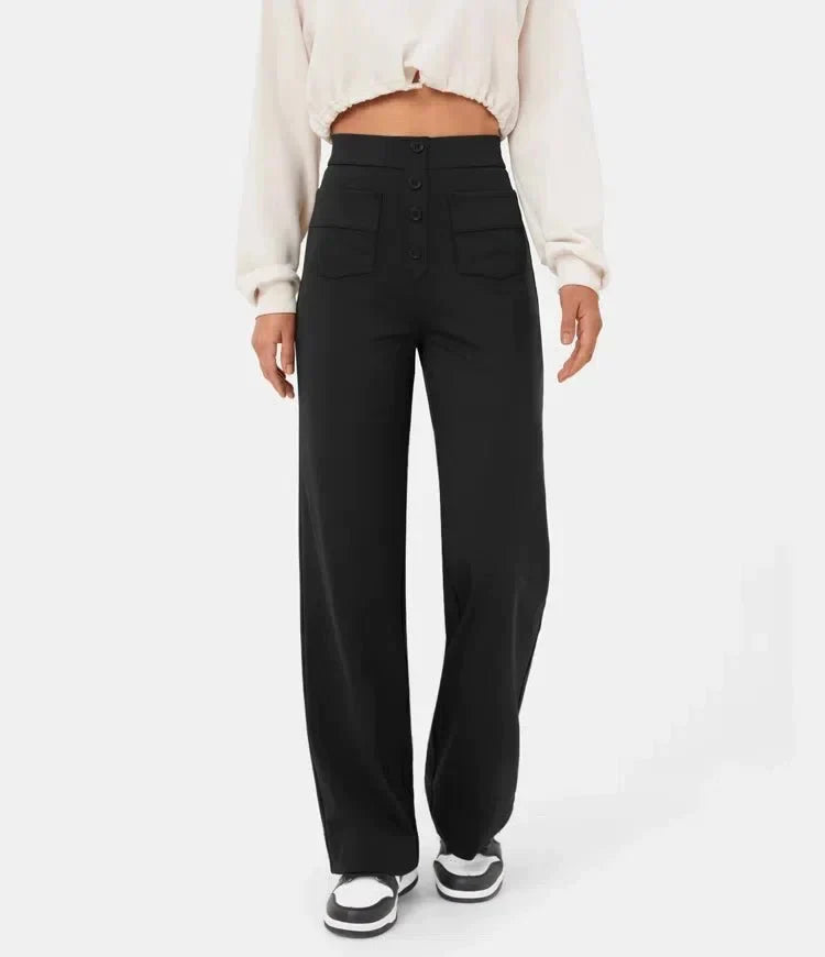 High Waist Button Front Patch Pocket Wide Leg Trousers