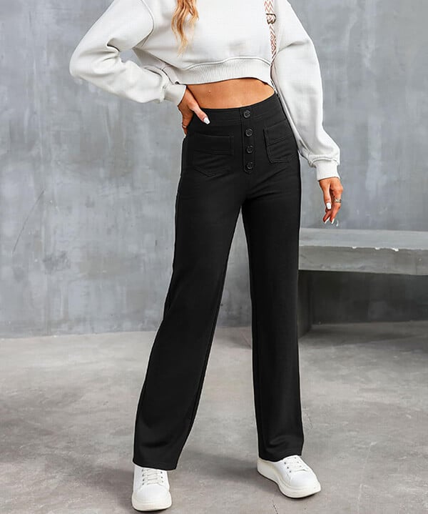 High Waist Button Front Patch Pocket Wide Leg Trousers