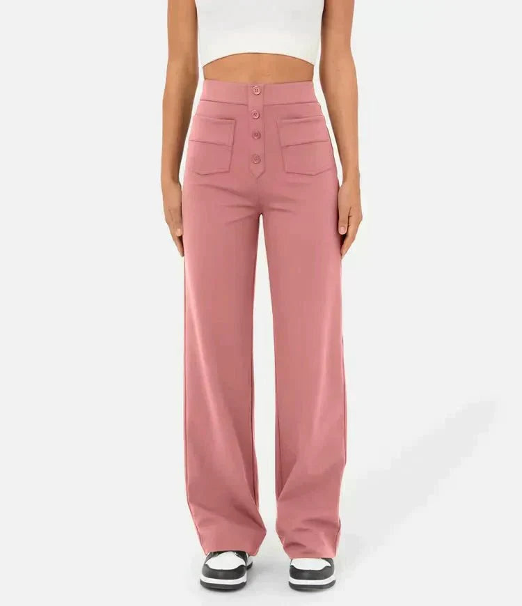 High Waist Button Front Patch Pocket Wide Leg Trousers