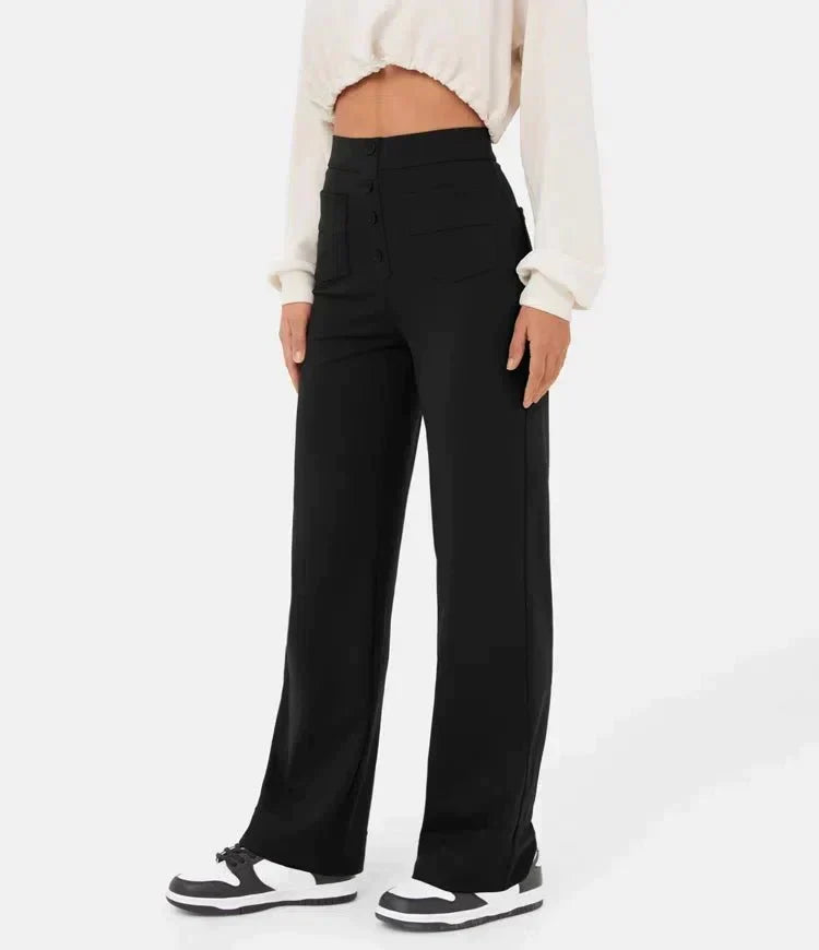 High Waist Button Front Patch Pocket Wide Leg Trousers