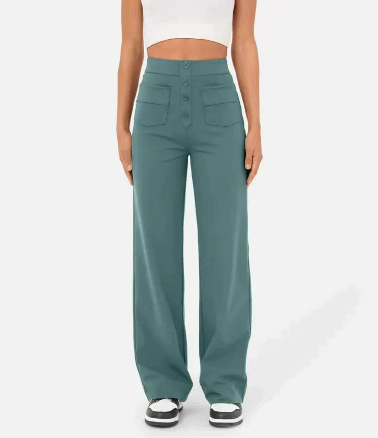 High Waist Button Front Patch Pocket Wide Leg Trousers