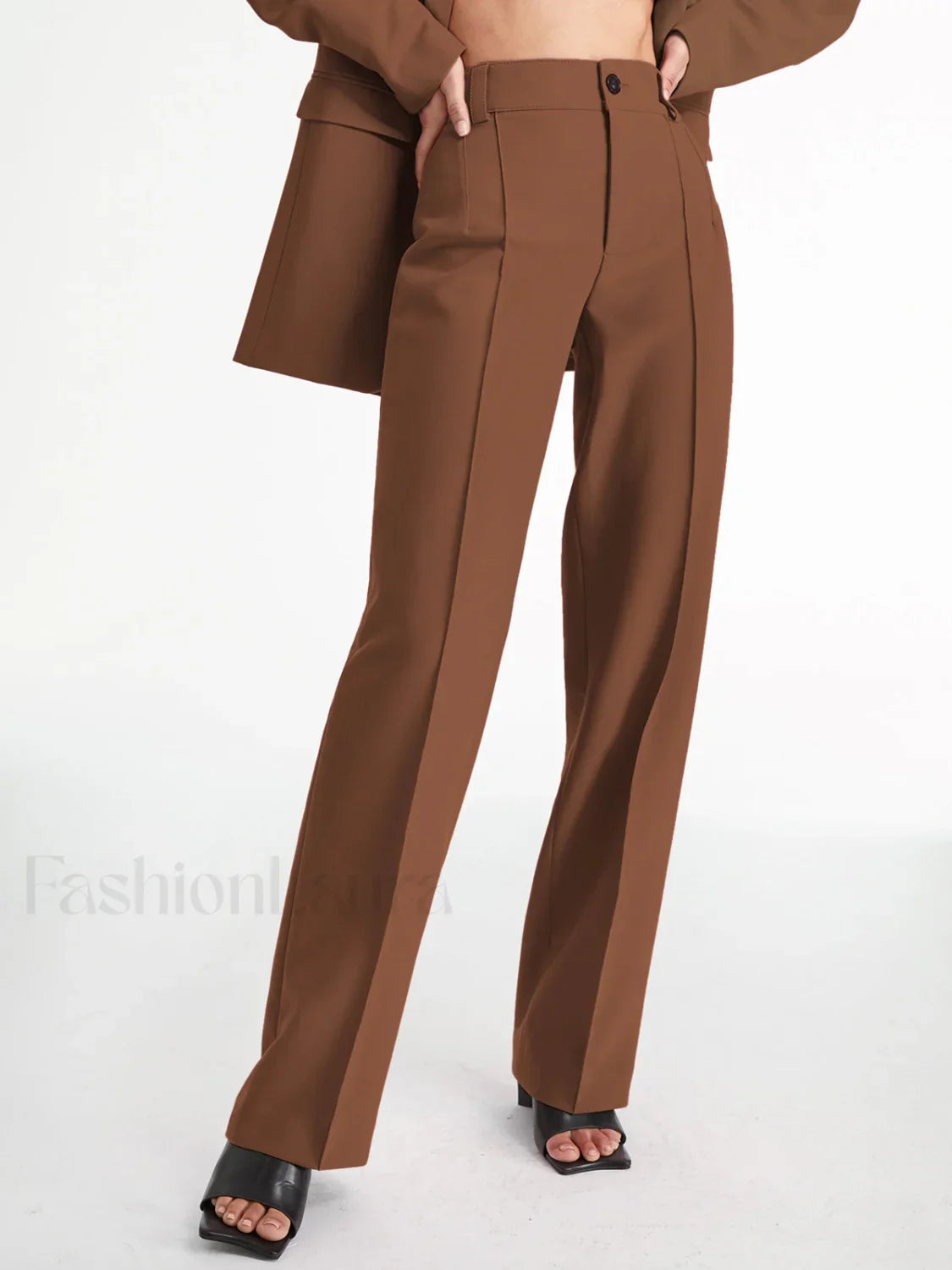 High Waisted Pleat Front Modern Solid Colored Straight Leg Trousers