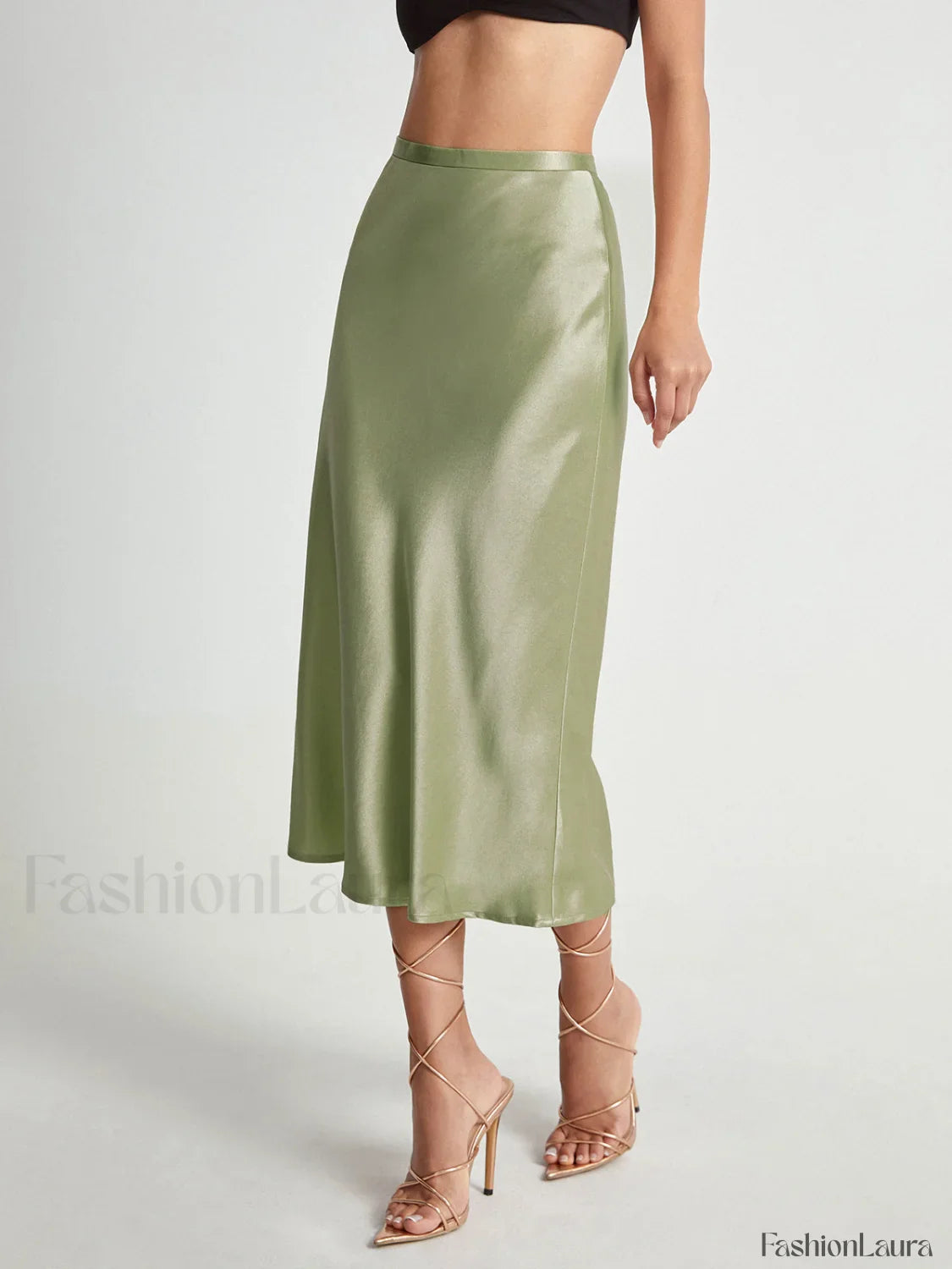 High Waisted Satin Flowy Midi Skirt