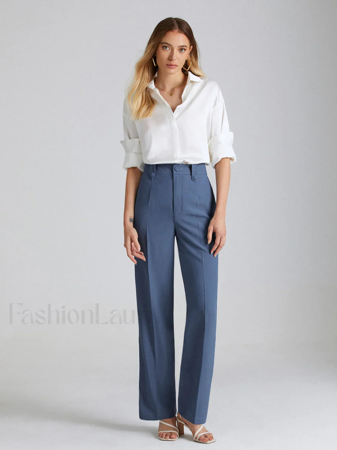 High Waisted Seam Trendy Detail Straight Leg Trousers Blue / XS Pants