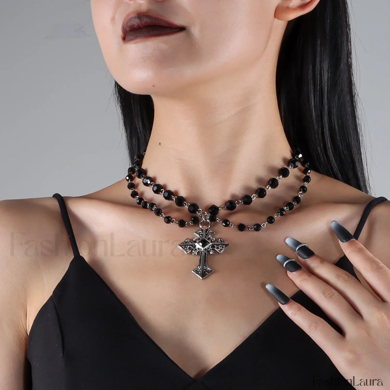 Hip-Hop Fashion Dark Cross Beaded Necklace NK24900