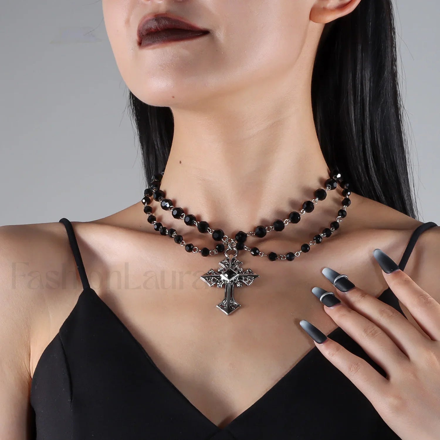 Hip-Hop Fashion Dark Cross Beaded Necklace NK24900