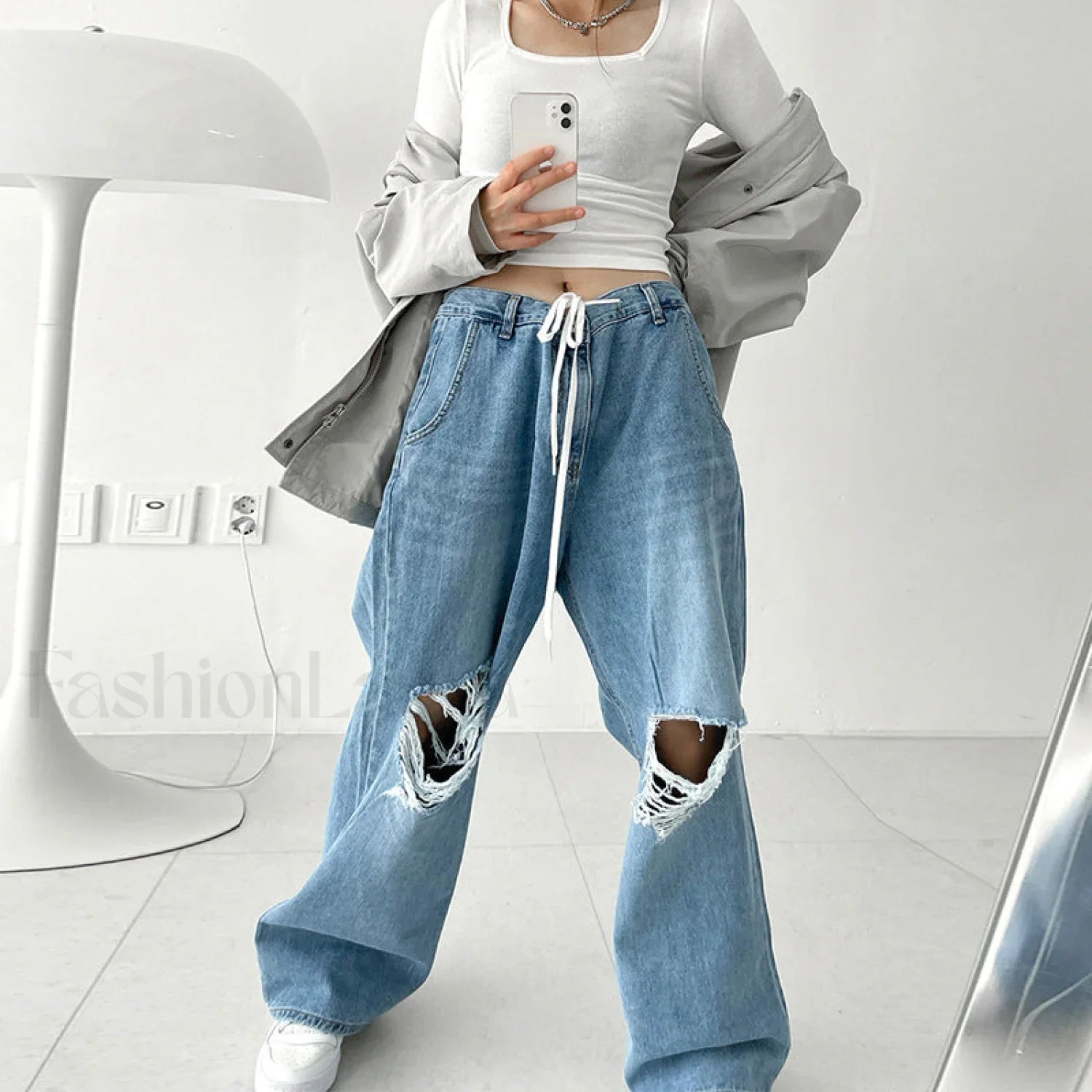 Hip Hop Irregular Ripped Modern High Waist Tie Loose Pants