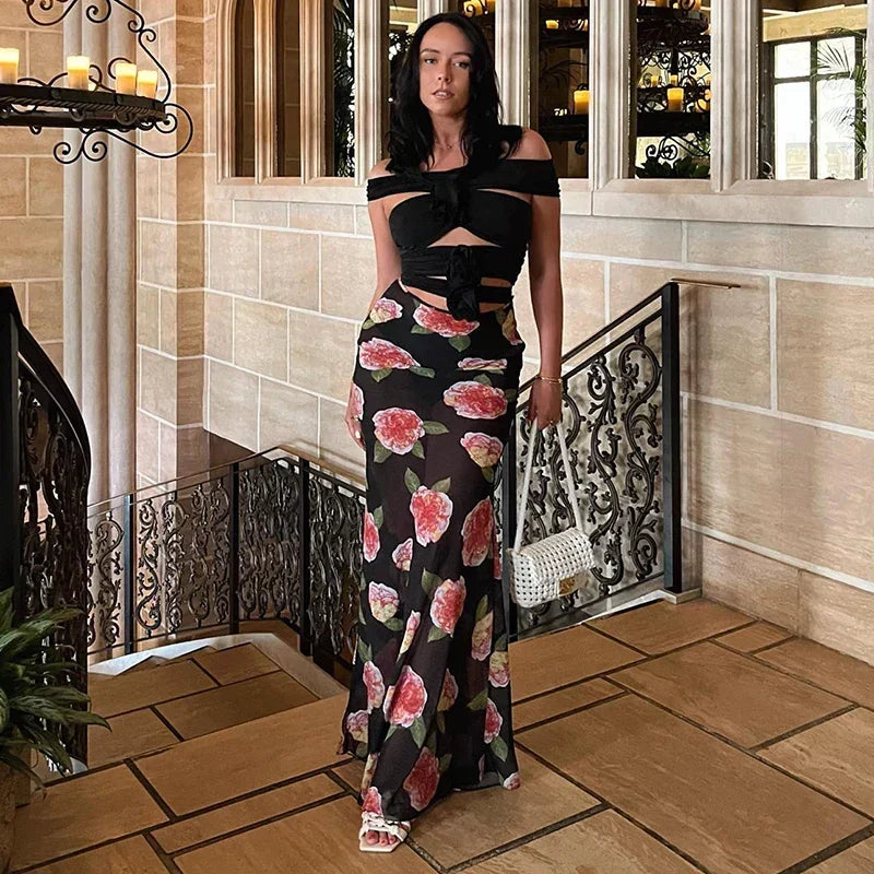 Rose Print Sheer Mesh Low Waist Mermaid Maxi Skirt 5