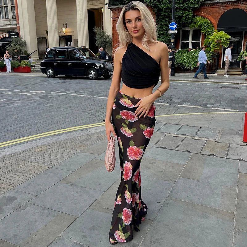 Rose Print Sheer Mesh Low Waist Mermaid Maxi Skirt 2