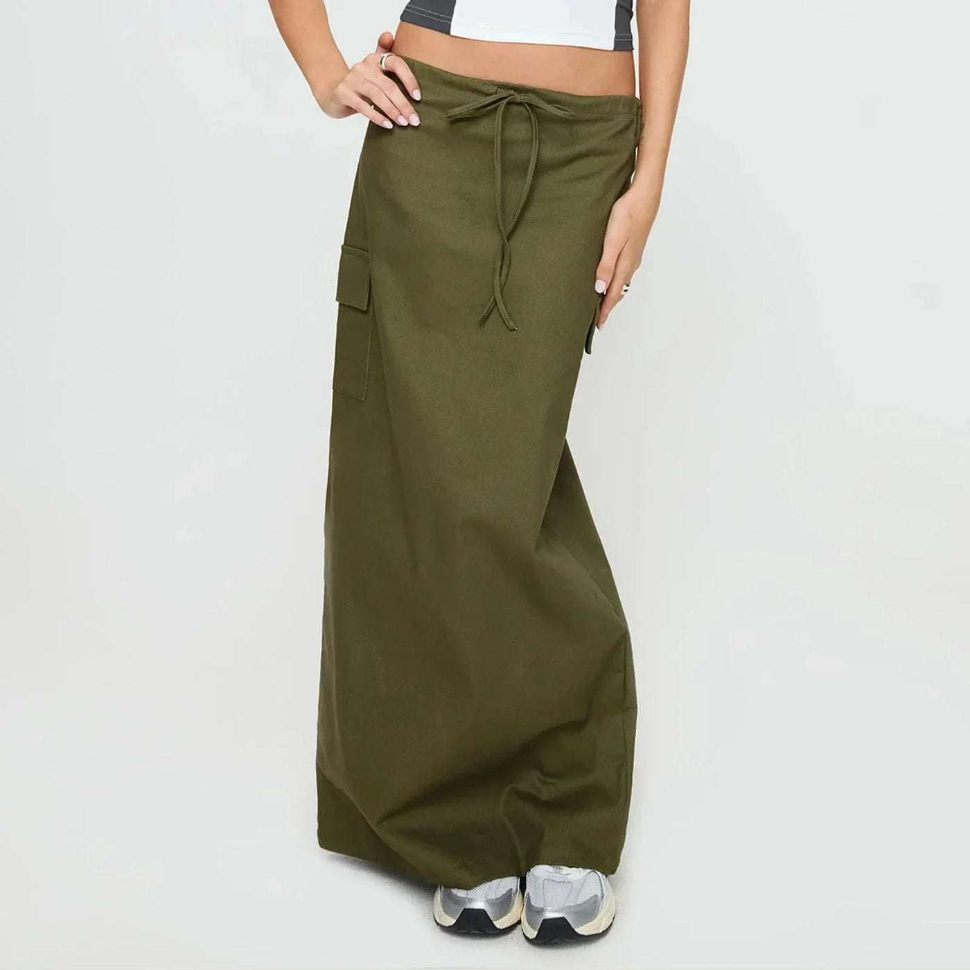 Y2K Cargo Drawstring Bodycon Slit Maxi Skirt Army Green / S