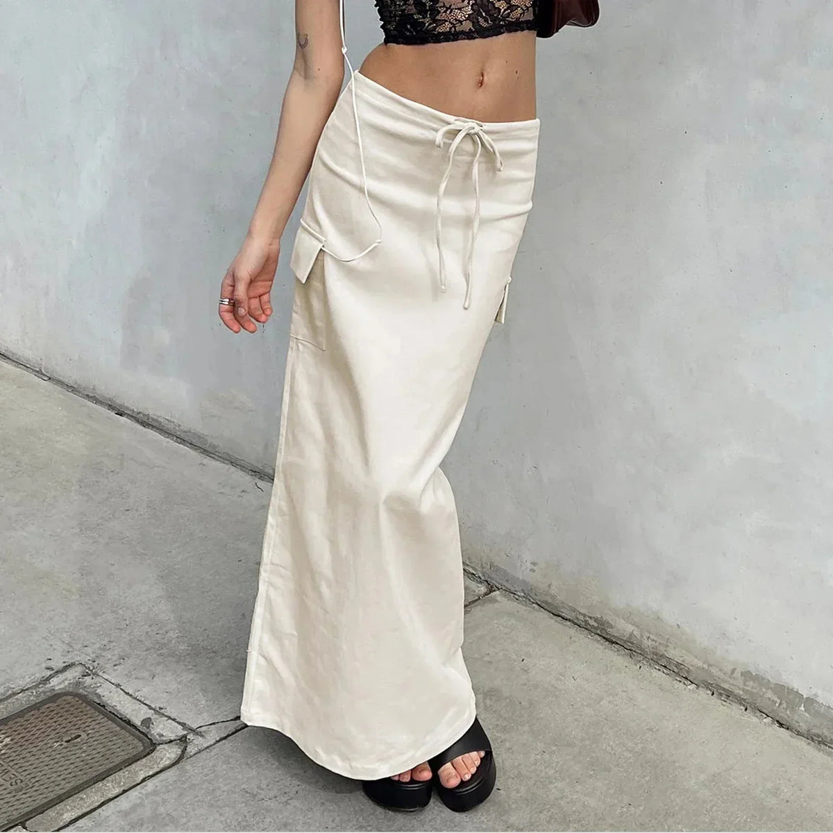 Low Waist Drawstring Cargo Pocket Straight Maxi Skirt