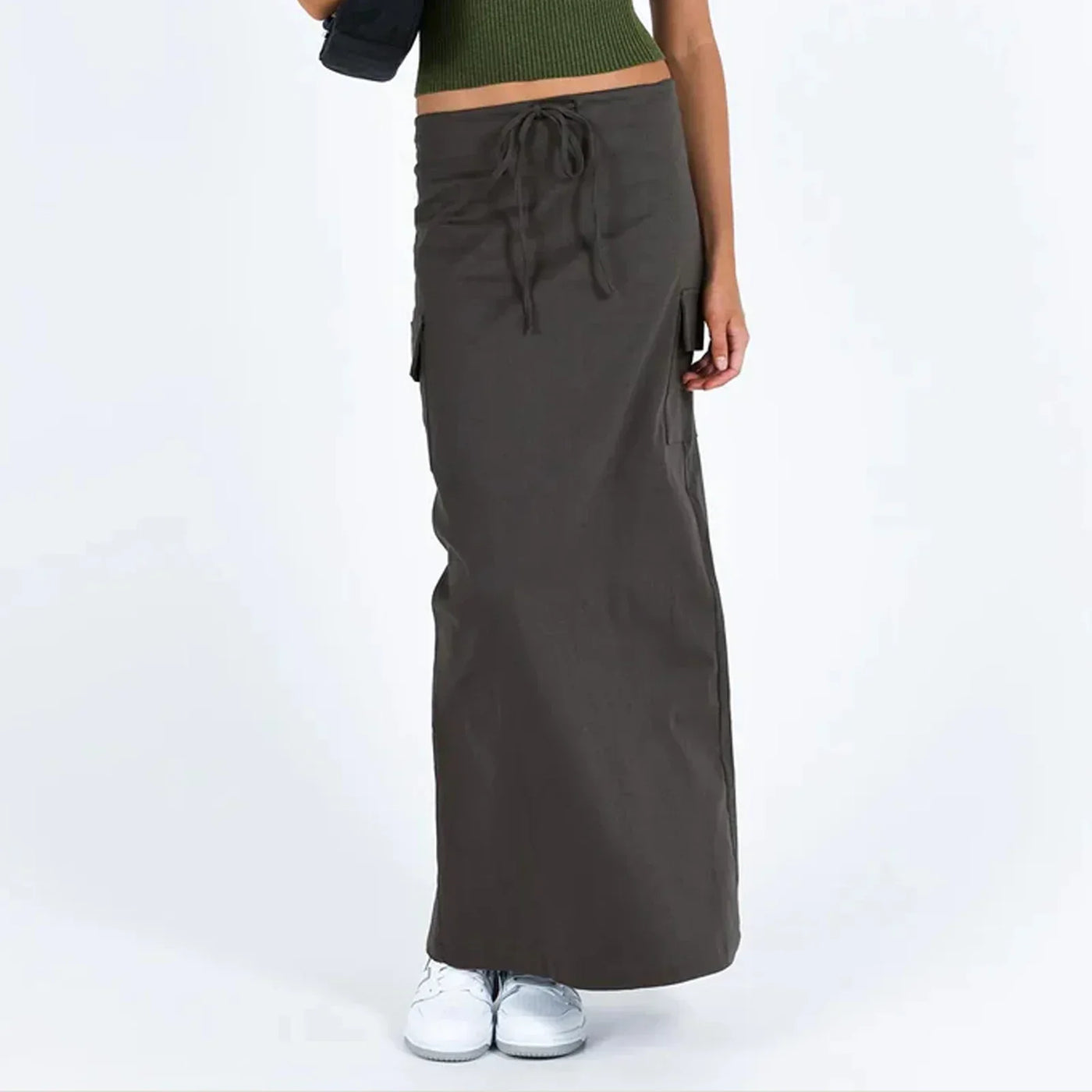Y2K Cargo Drawstring Bodycon Slit Maxi Skirt Dark Grey / S