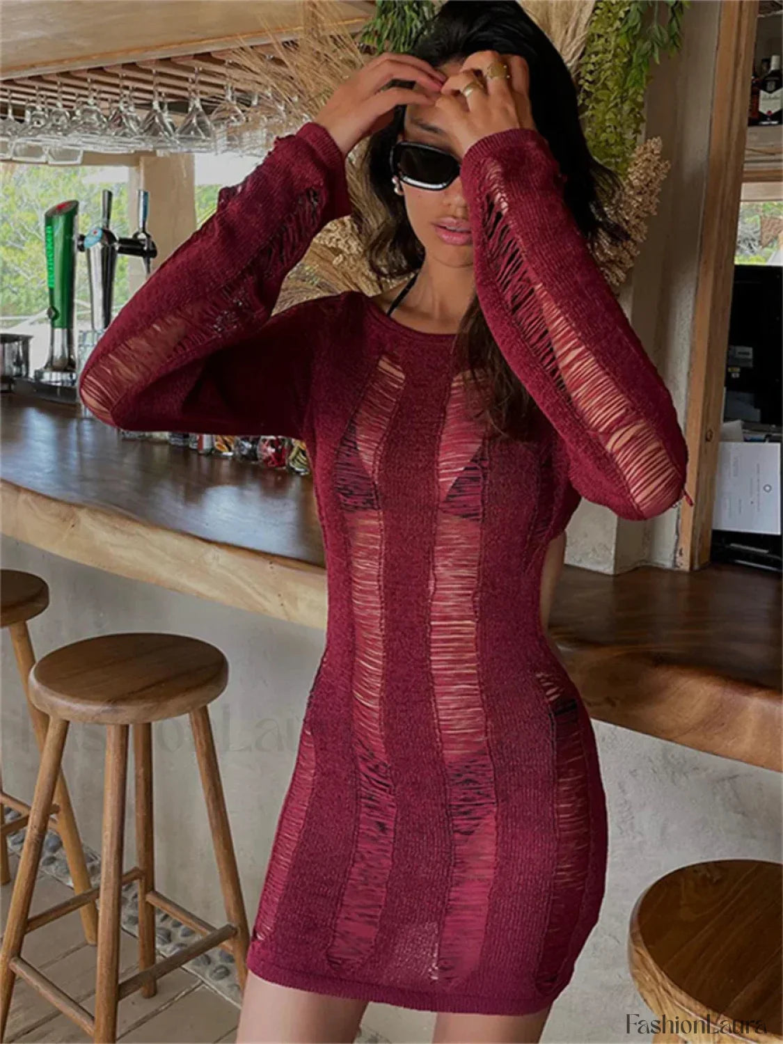 Holes Ripped Knit Backless Hollow Out Cover Up