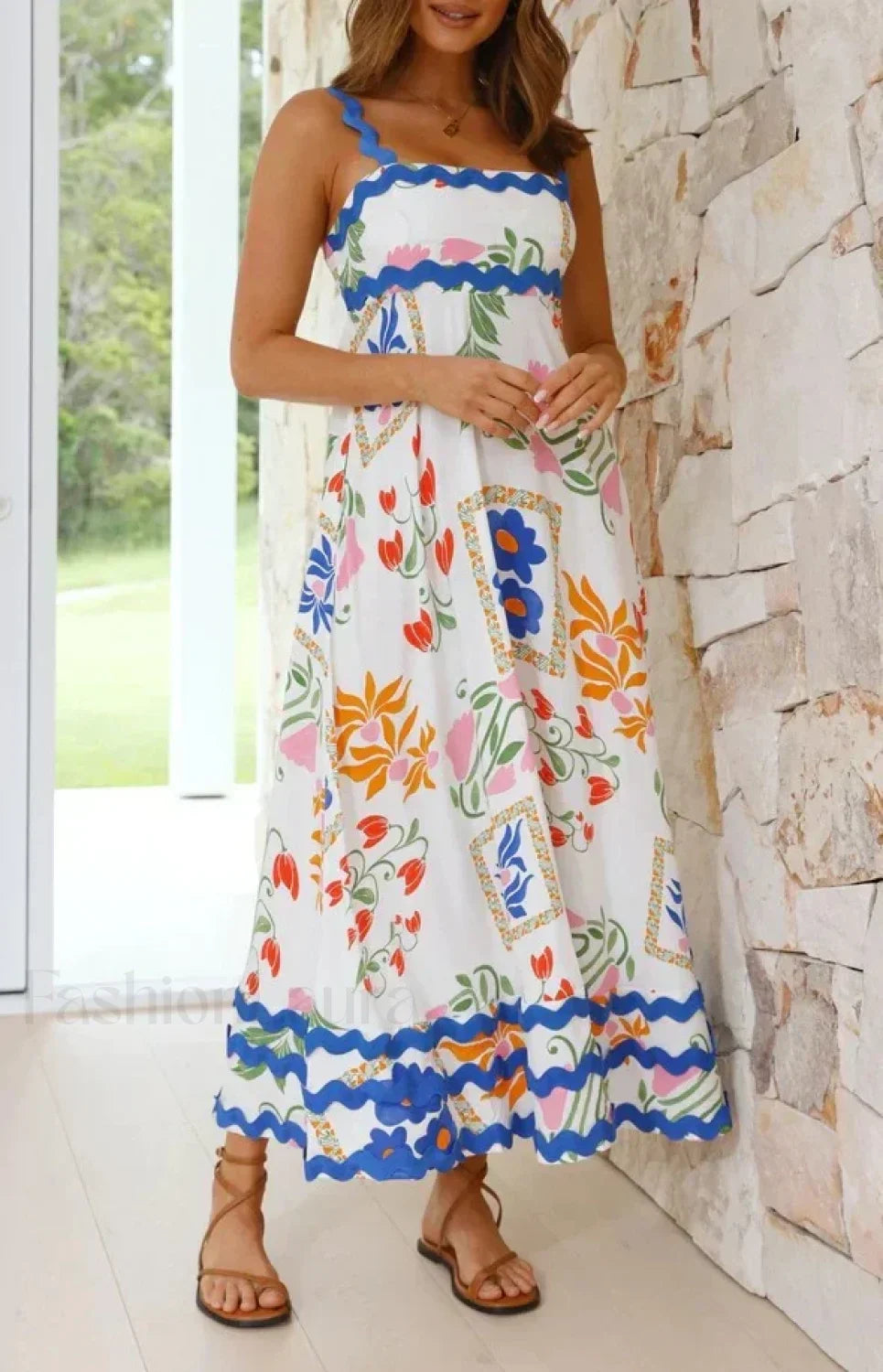 Holiday Digital Printed Long Women Fashion Summer Elegant A- Line Vintage Sling Maxi Dress