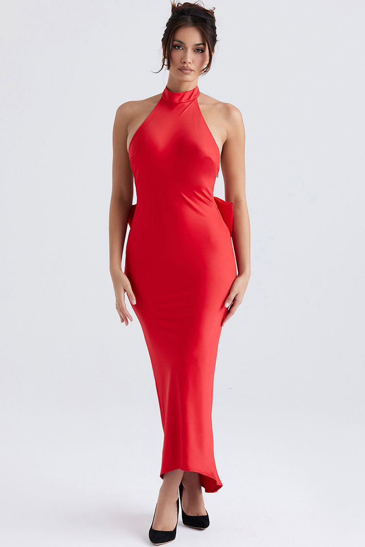 Satin Halter Neck Backless Bow Back Maxi Dress