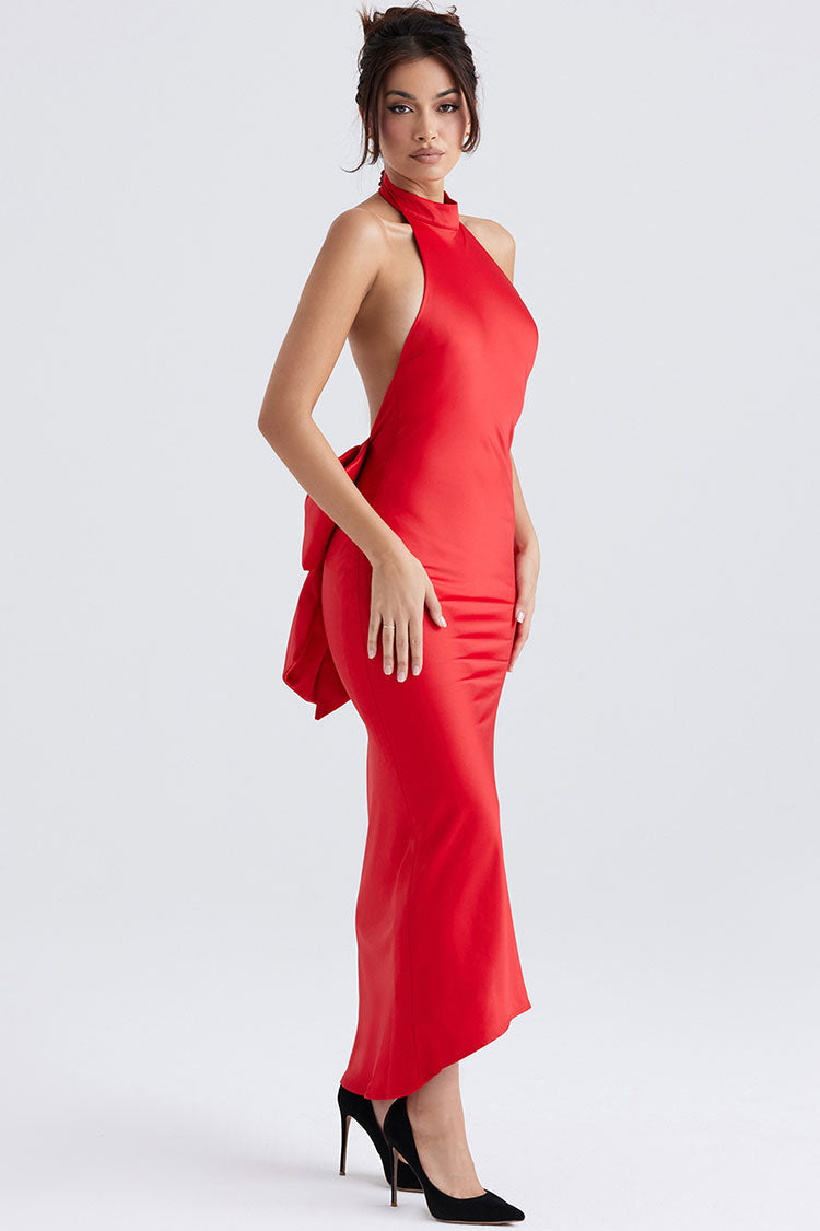 Satin Halter Neck Backless Bow Back Maxi Dress