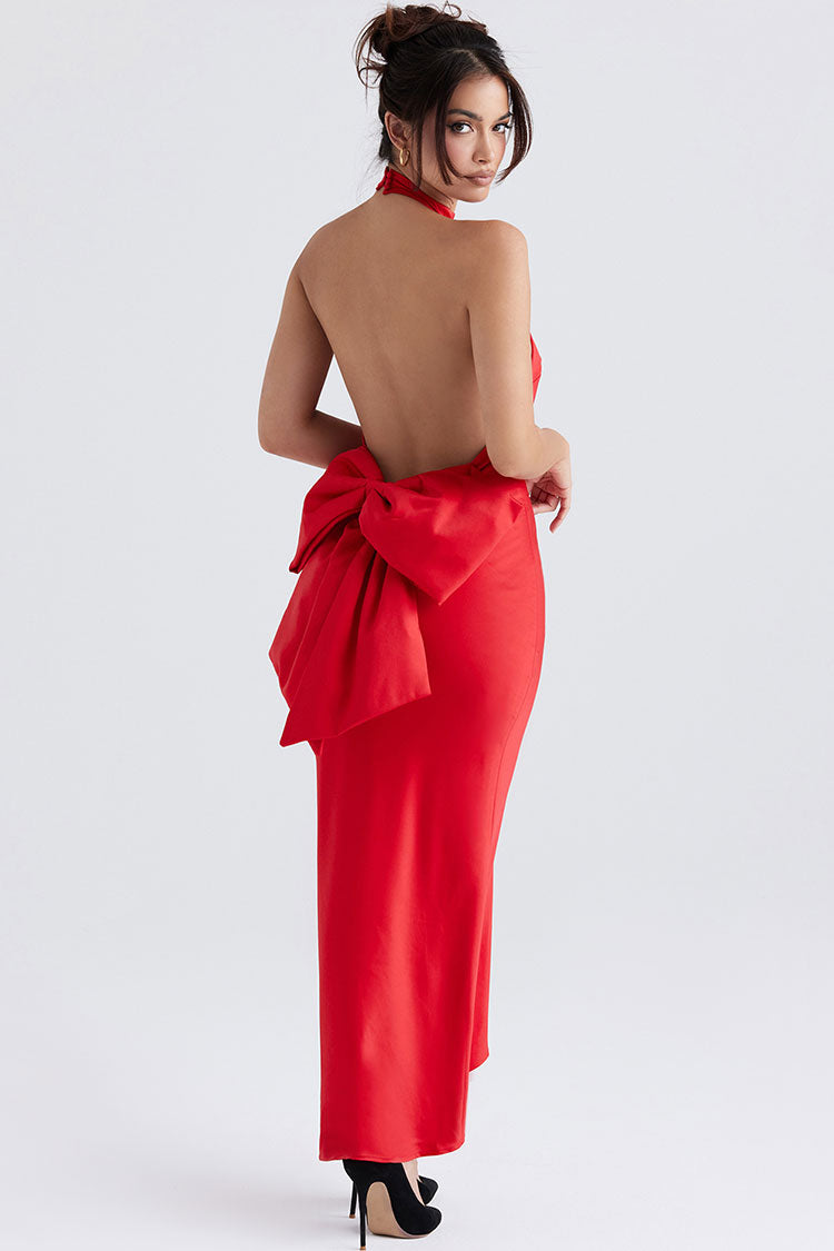 Satin Halter Neck Backless Bow Back Maxi Dress