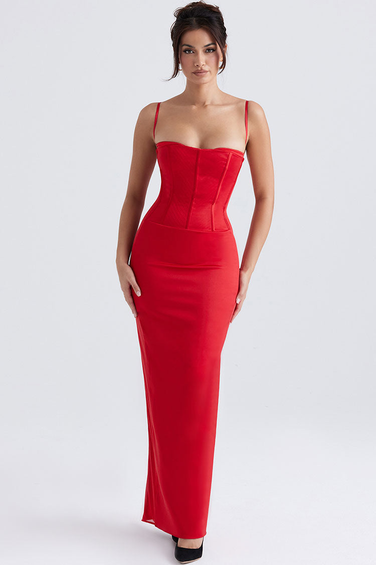 Satin Spaghetti Strap Sweetheart Corset Bodycon Maxi Dress