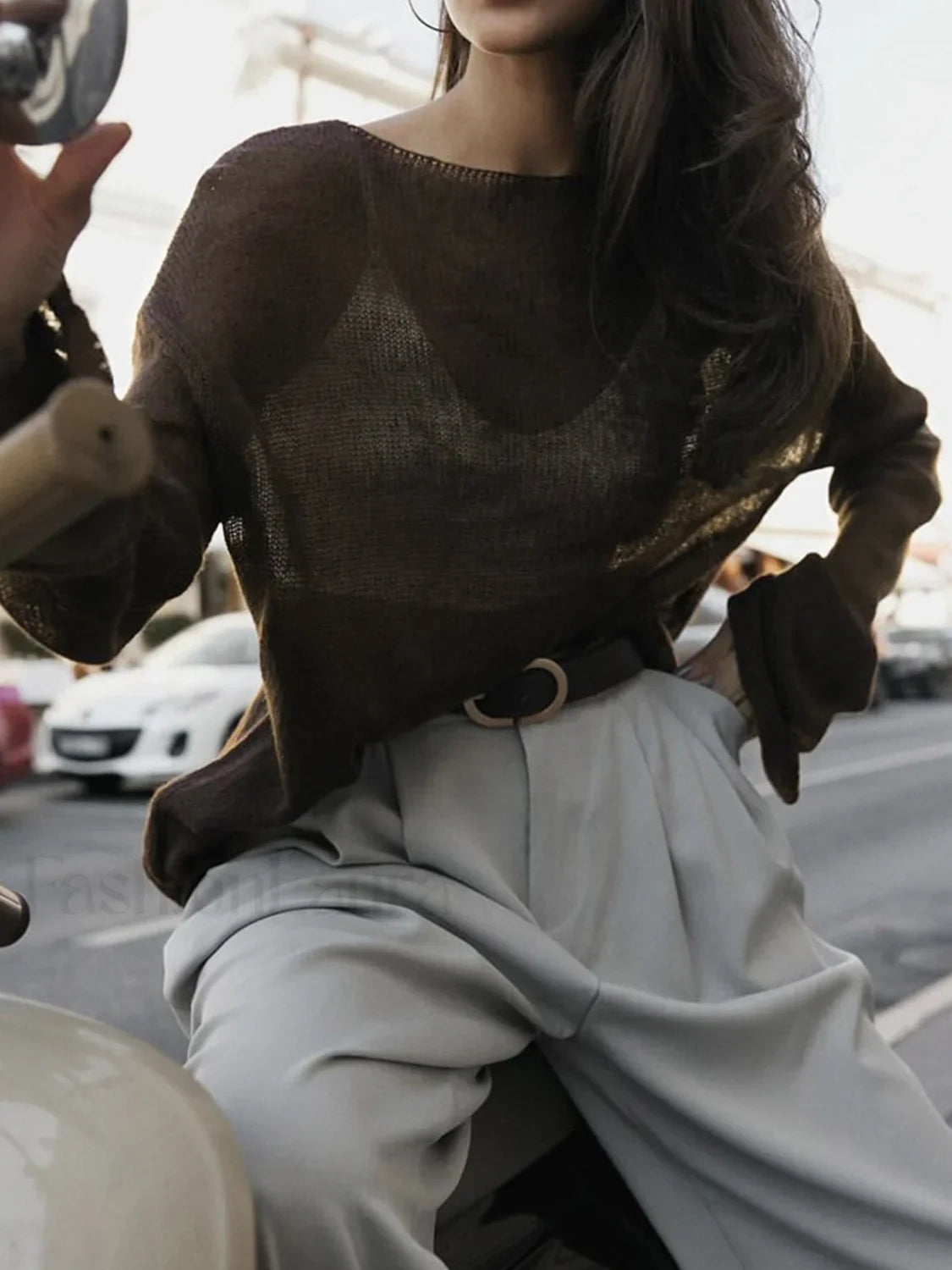 Hollow Draped Snug Knit Top Dark Brown / XS Knit Tops