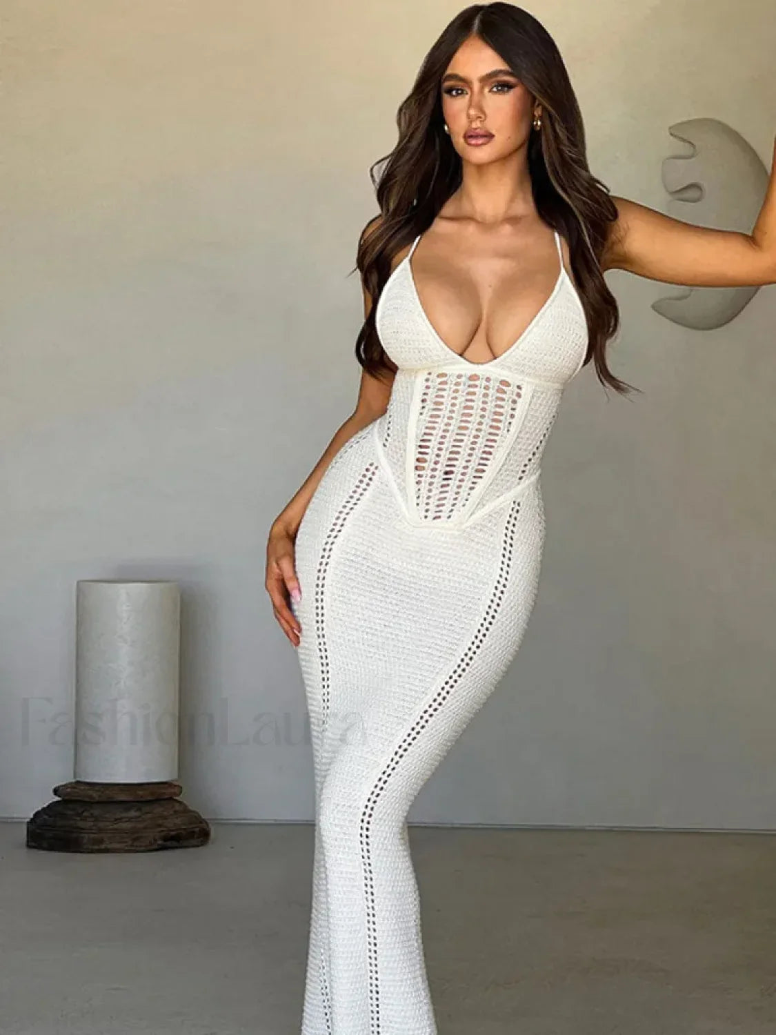 Hollow Lace Up Sweater Maxi Dress