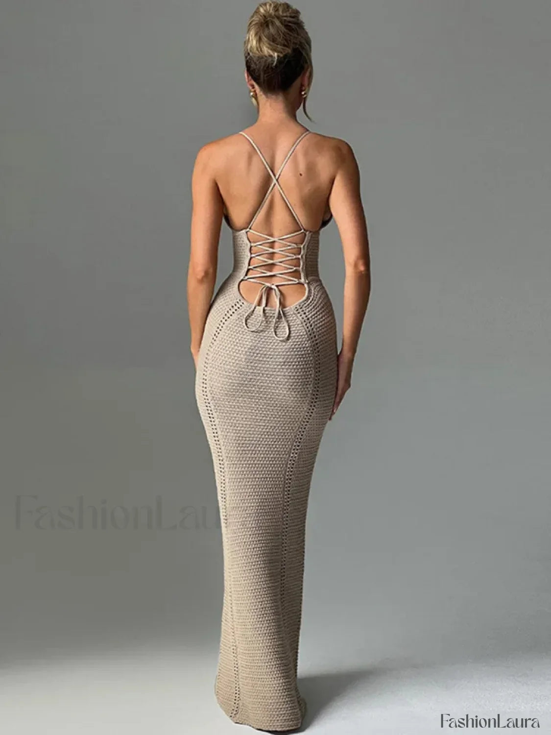 Hollow Lace Up Sweater Maxi Dress