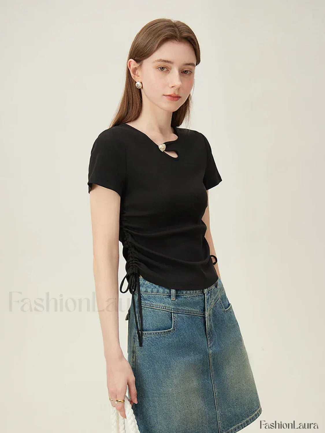 Hollow Out Slim Drawstring Black T-Shirt