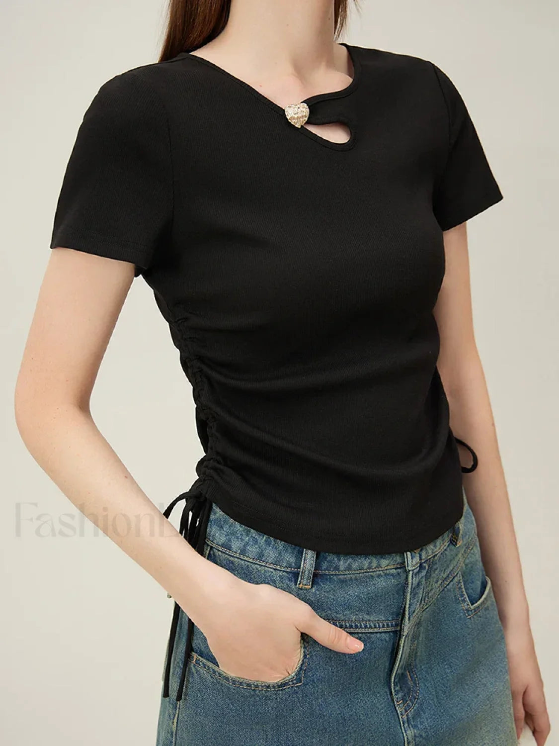 Hollow Out Slim Drawstring Black T-Shirt