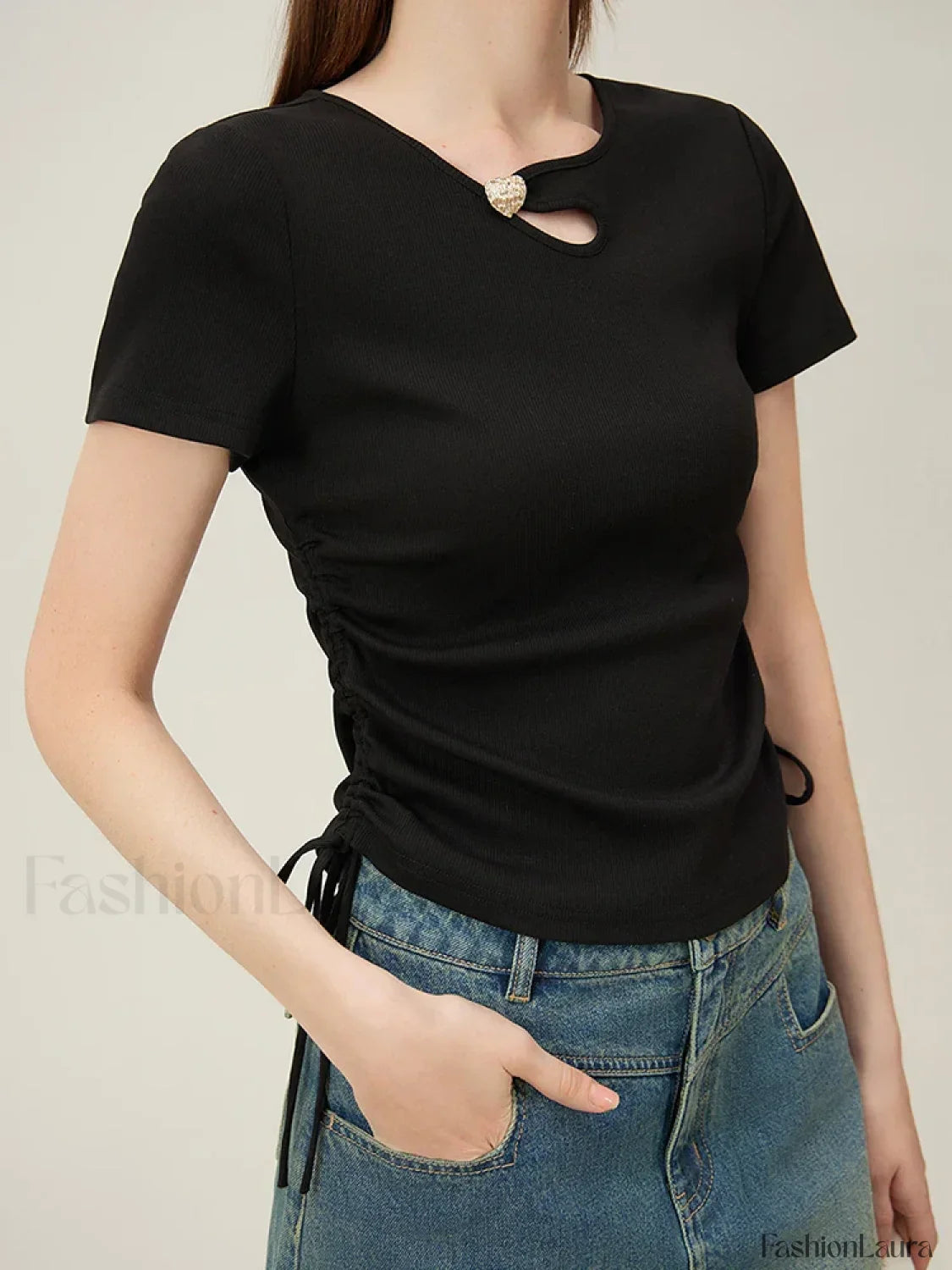 Hollow Out Slim Drawstring Black T-Shirt