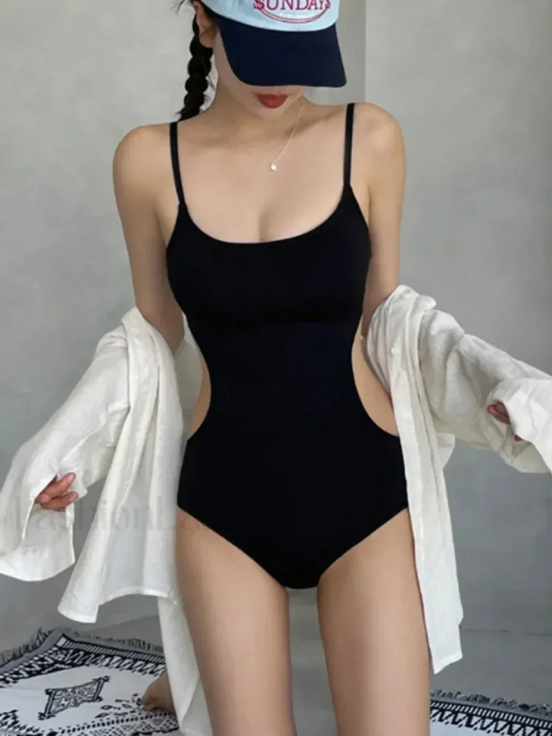 Hollow Out Spaghetti Strap One Piece Black / M