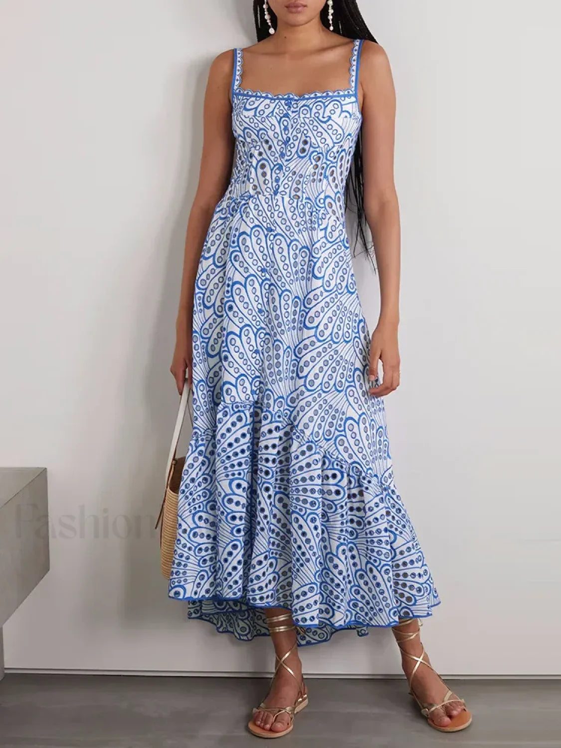 Hollow-Out Square Collar Floral Dress