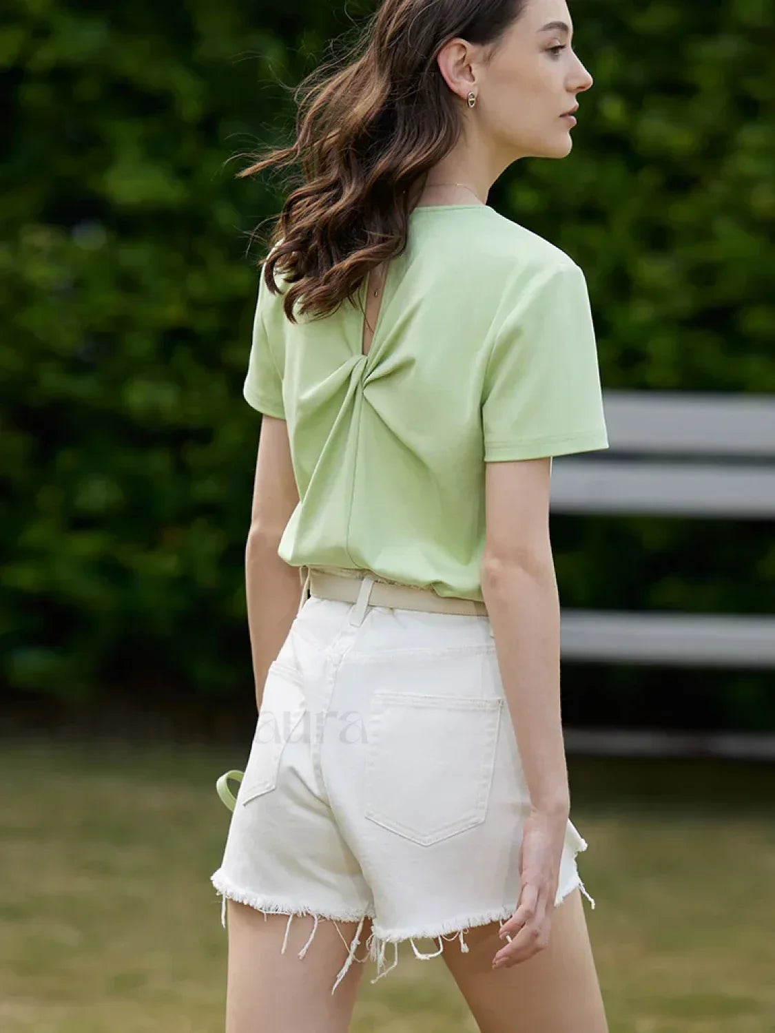 Hollow Out V Neck T Shirt Green / S