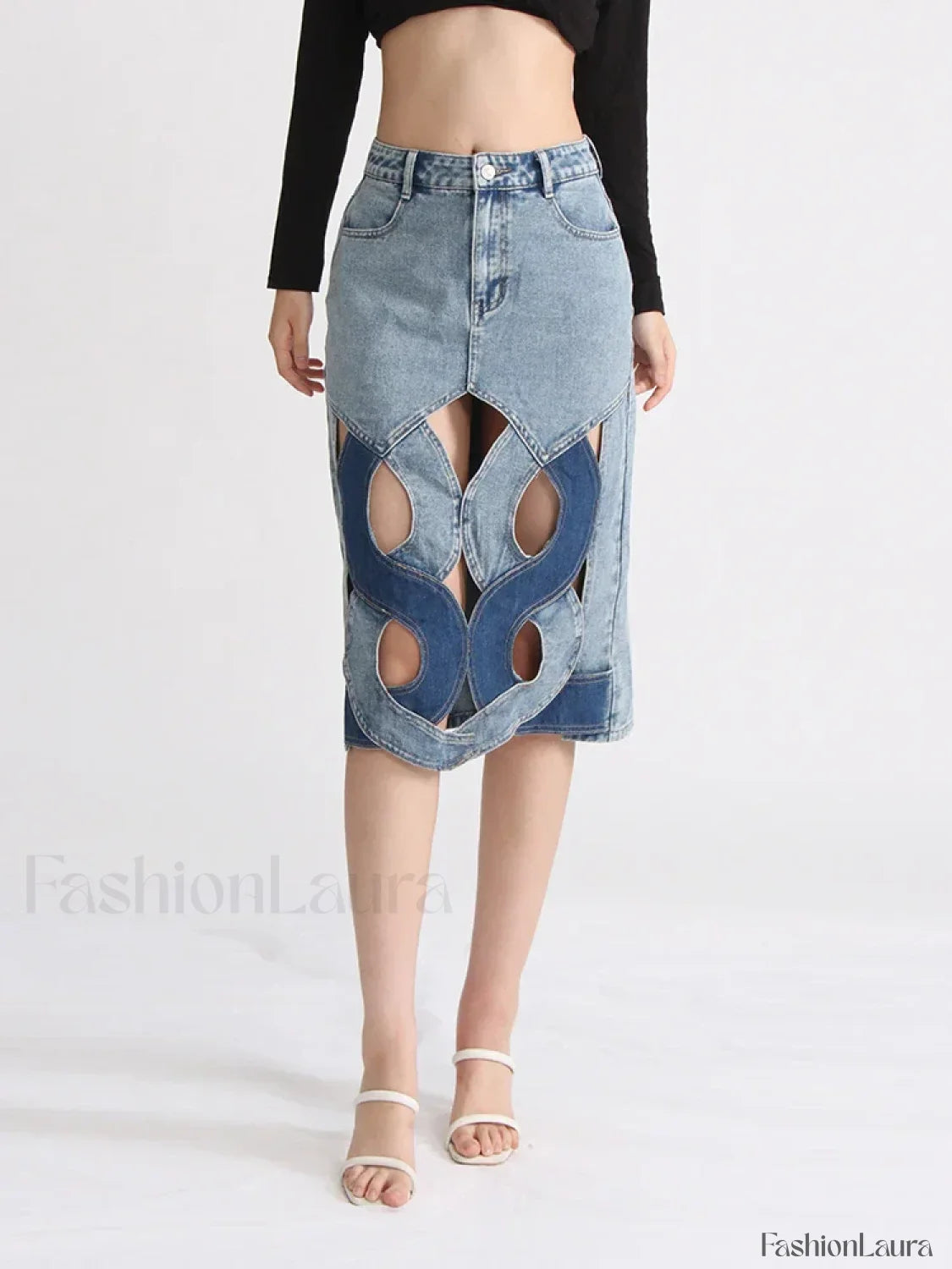 Hollow Out Zipper Denim Skirt