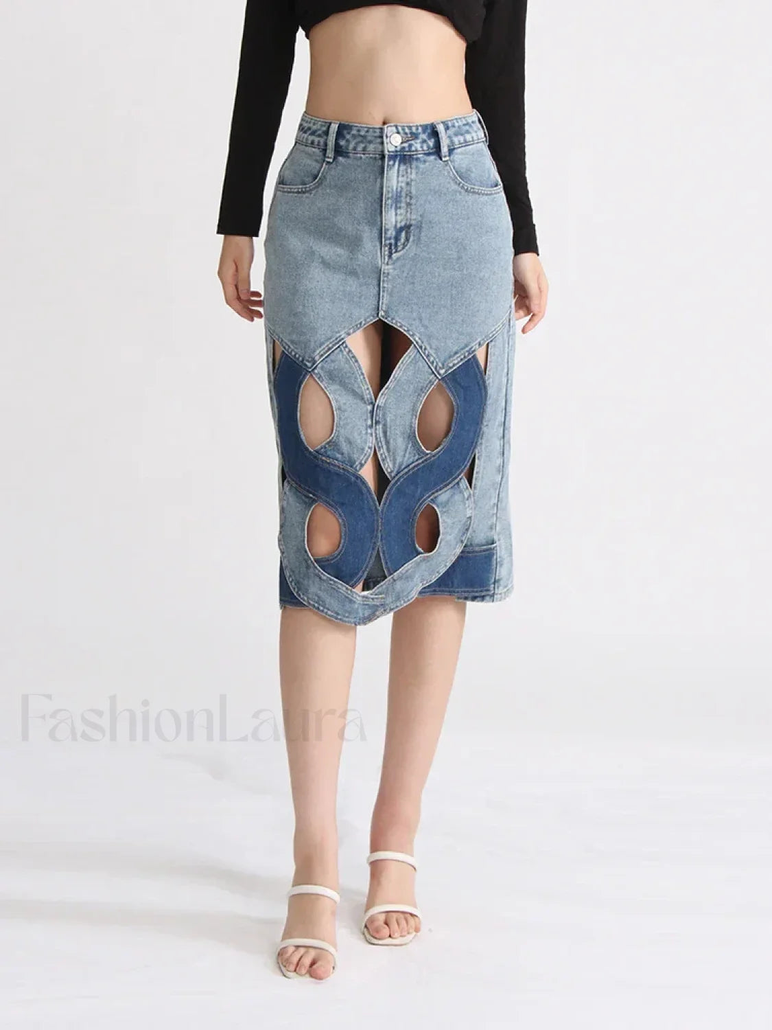 Hollow Out Zipper Denim Skirt