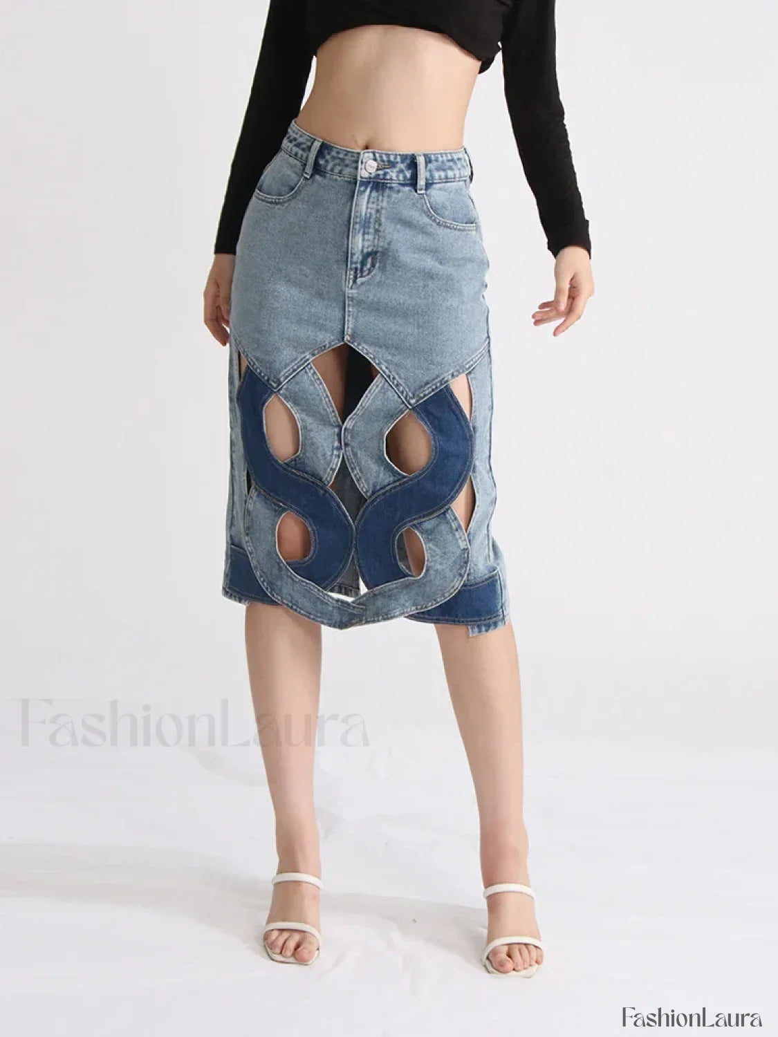 Hollow Out Zipper Denim Skirt