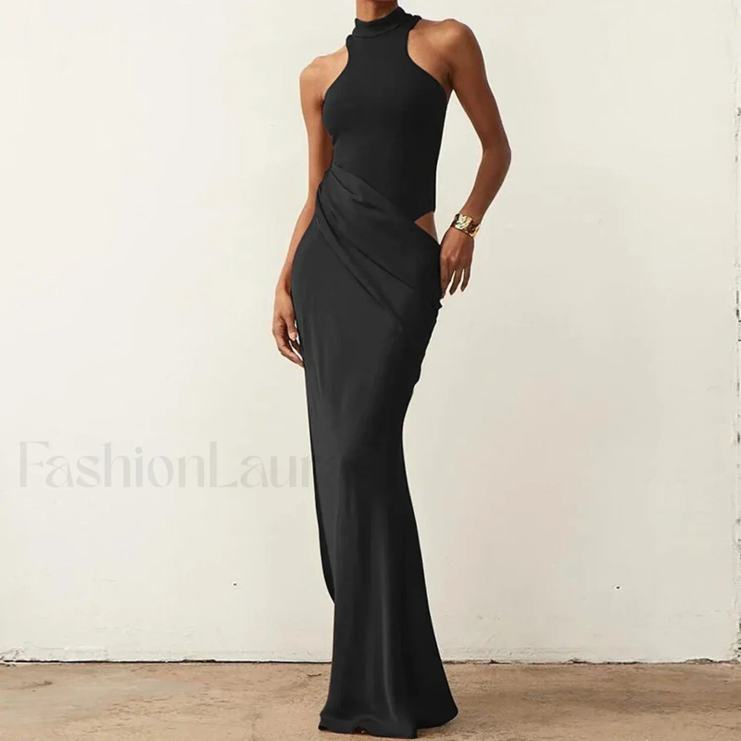 Hollow Pleated Patchwork Maxi Dress 01 Black / S