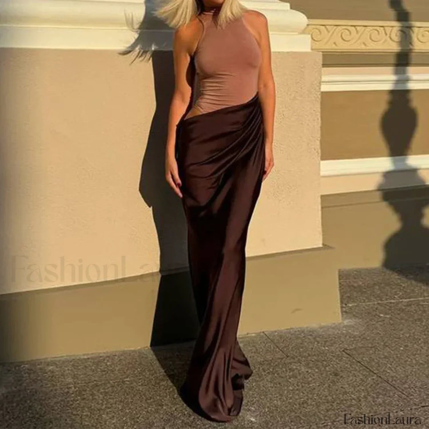 Hollow Pleated Patchwork Maxi Dress