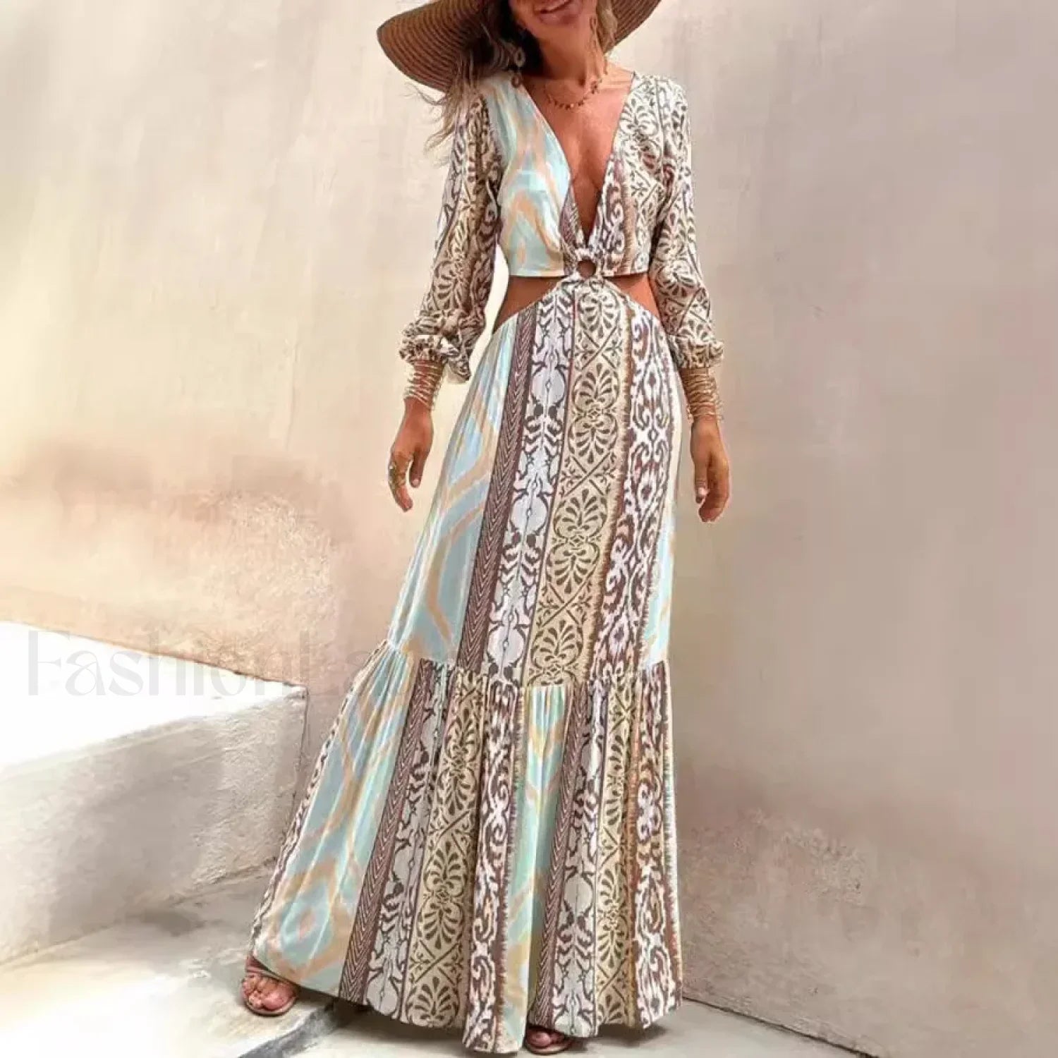 Hollow-Splicing Long-Sleeve Boho Dress