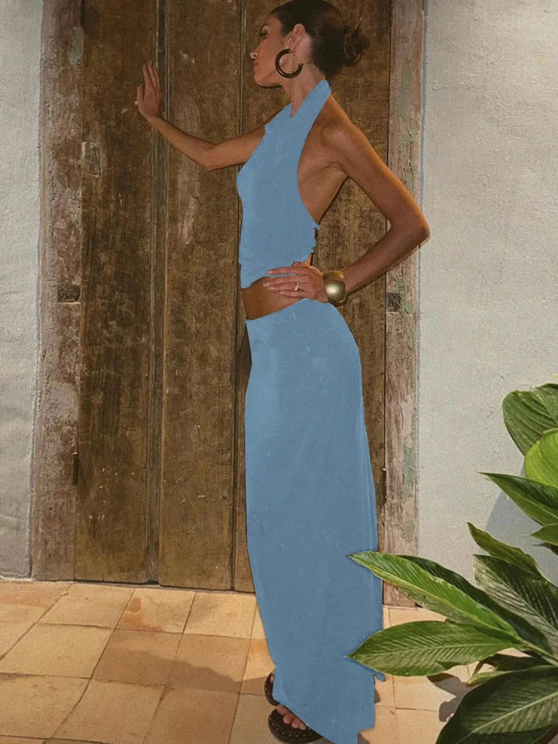 Hollow Swing Collar Skirt Two Piece Set Blue / S