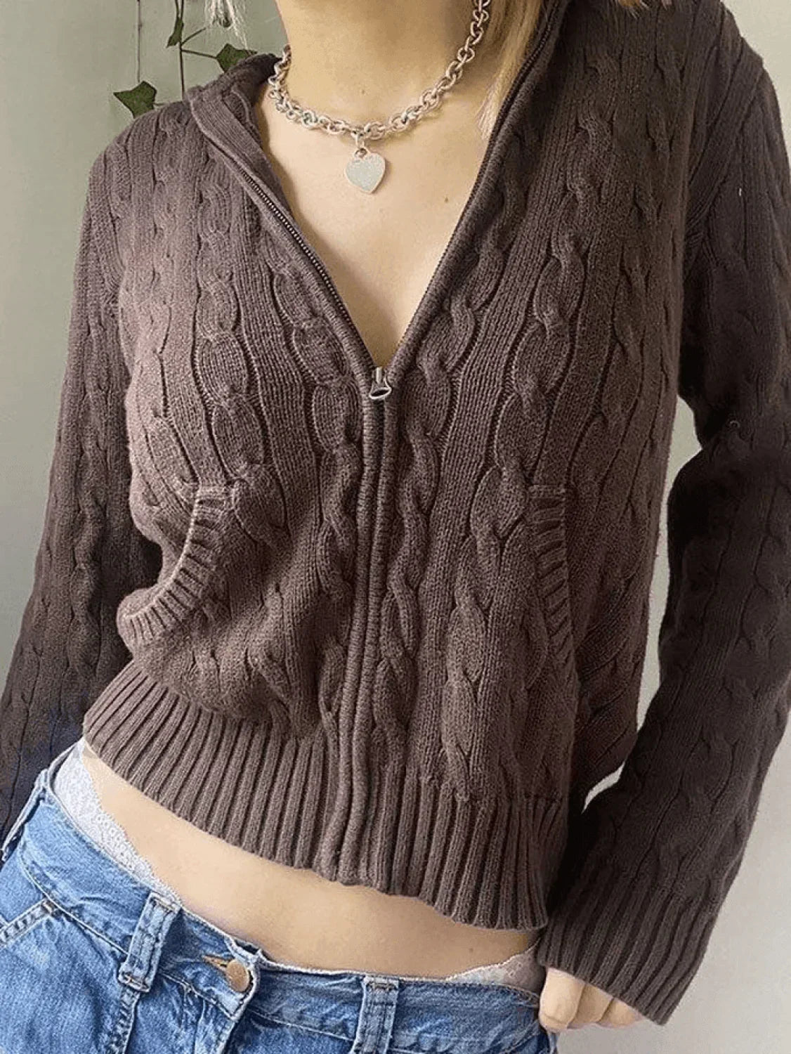 Hooded Cable Knit Cardigan Brown / S Sweaters