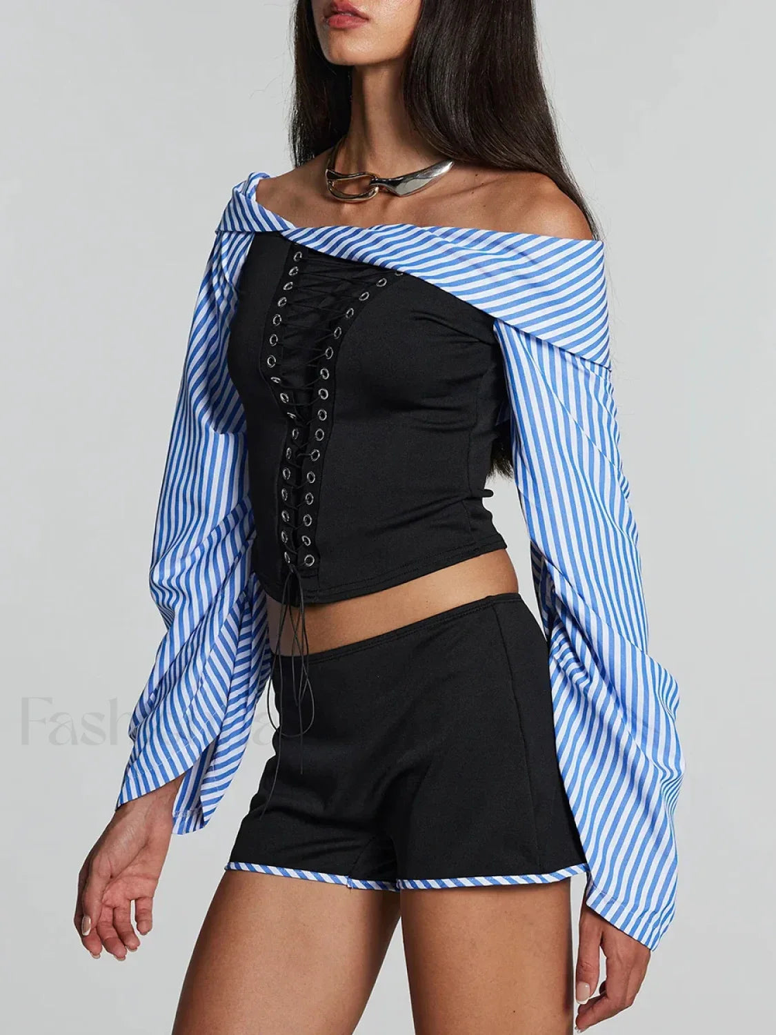 Hot Striped Bandage Shorts Two Piece Set