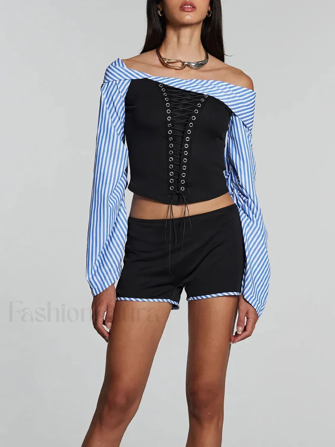 Hot Striped Bandage Shorts Two Piece Set