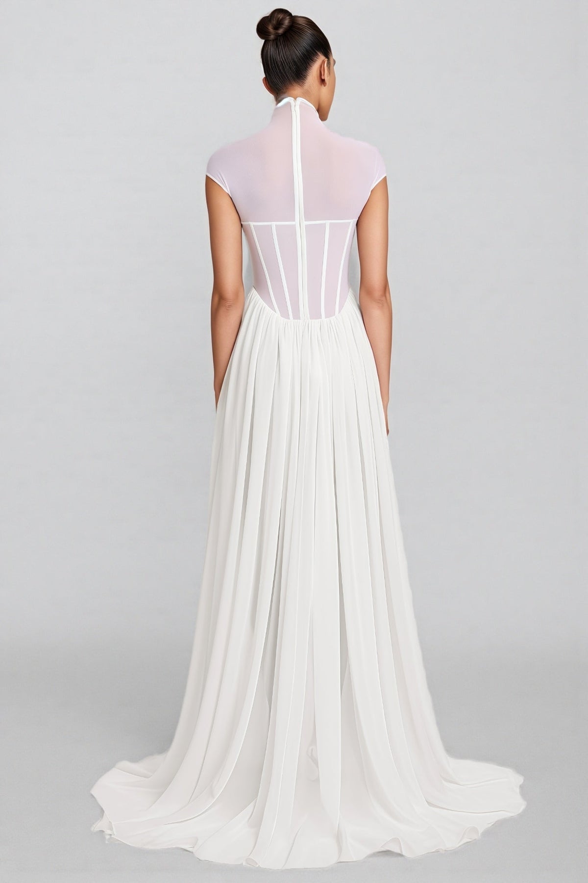 Sheer Mesh Mock Neck Cap Sleeve Corset Bodice Chiffon Maxi Gown 3