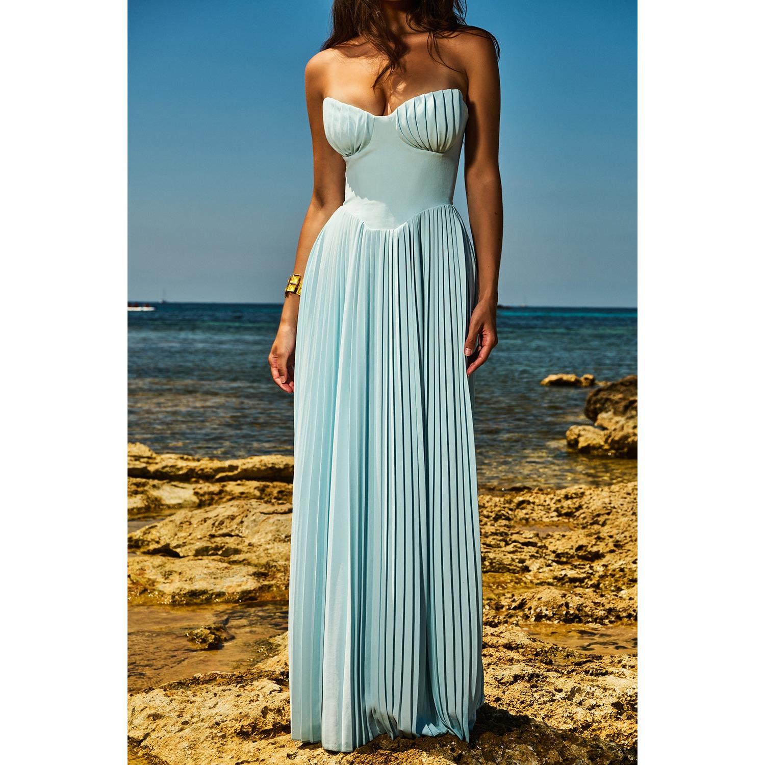 Chiffon Strapless Corset Pleated Maxi Gown