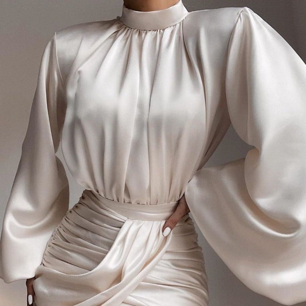 On A Escape Ruched Puff Sleeve Satin Mini Dress - View 4