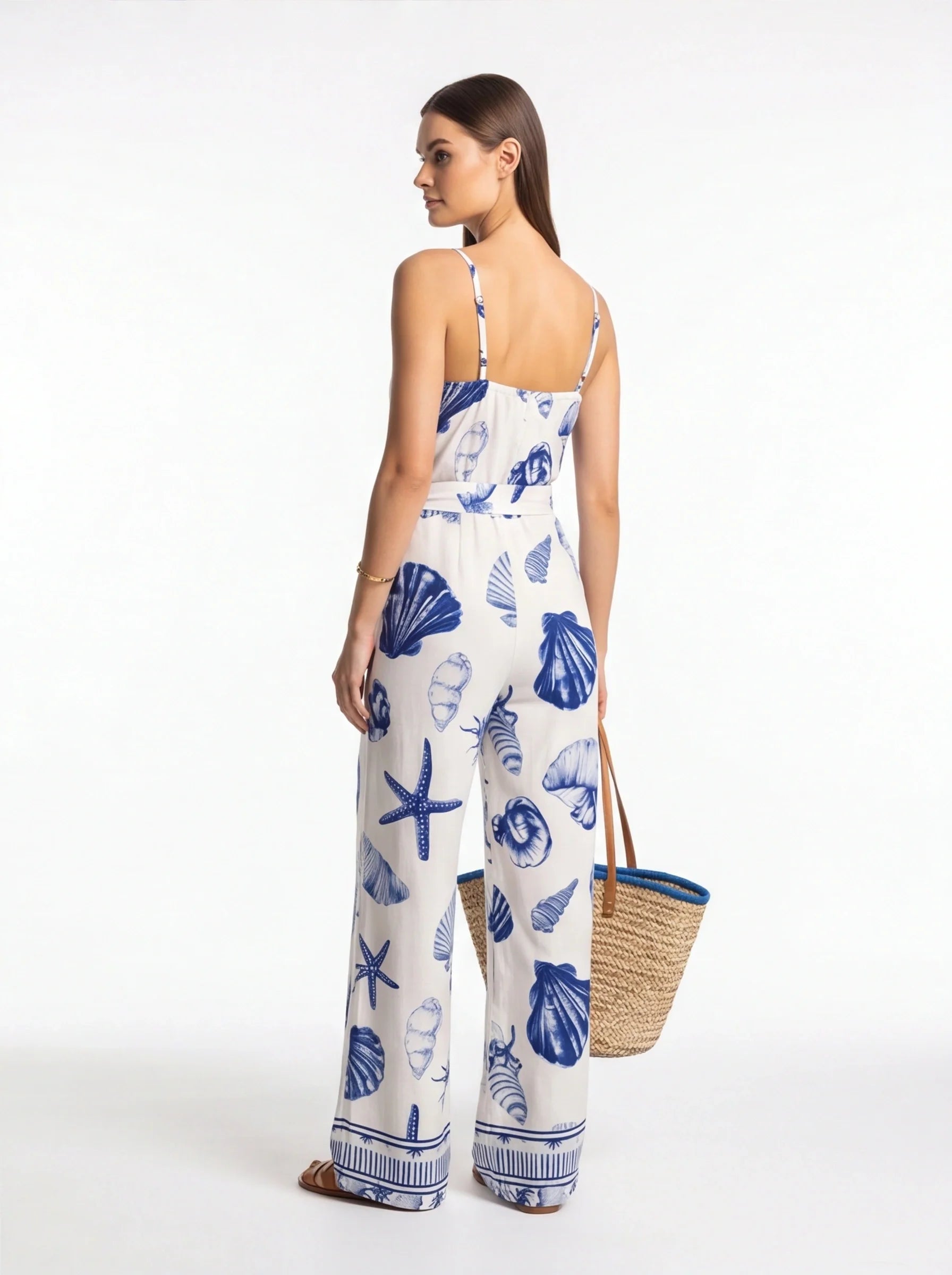 Women's White & Blue Seashell Print Wrap V-Neck Wide Leg Jumpsuit with Adjustable Straps