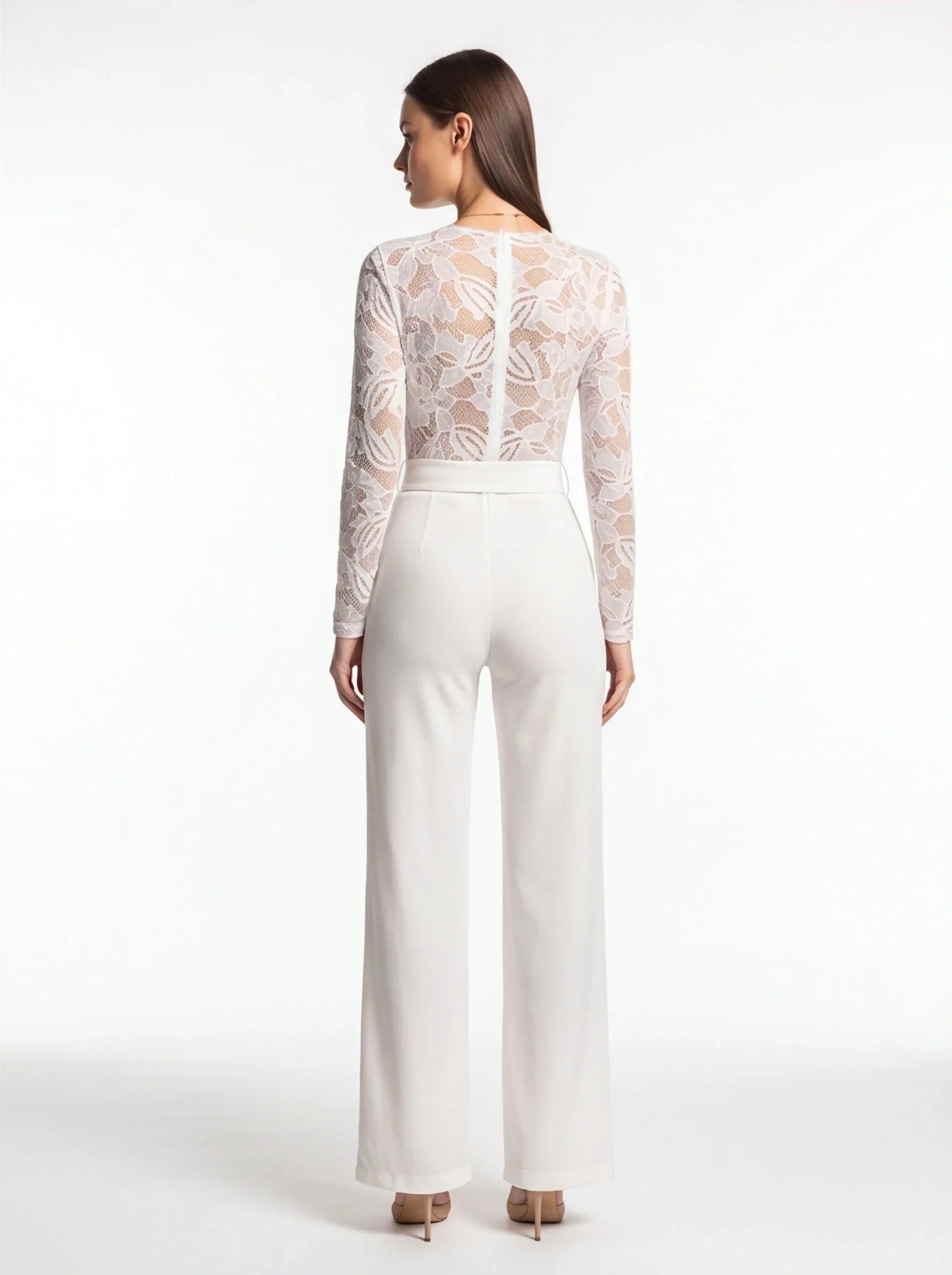 Floral Lace Deep V-Neck Long Sleeve Belted Wide Leg Jumpsuit