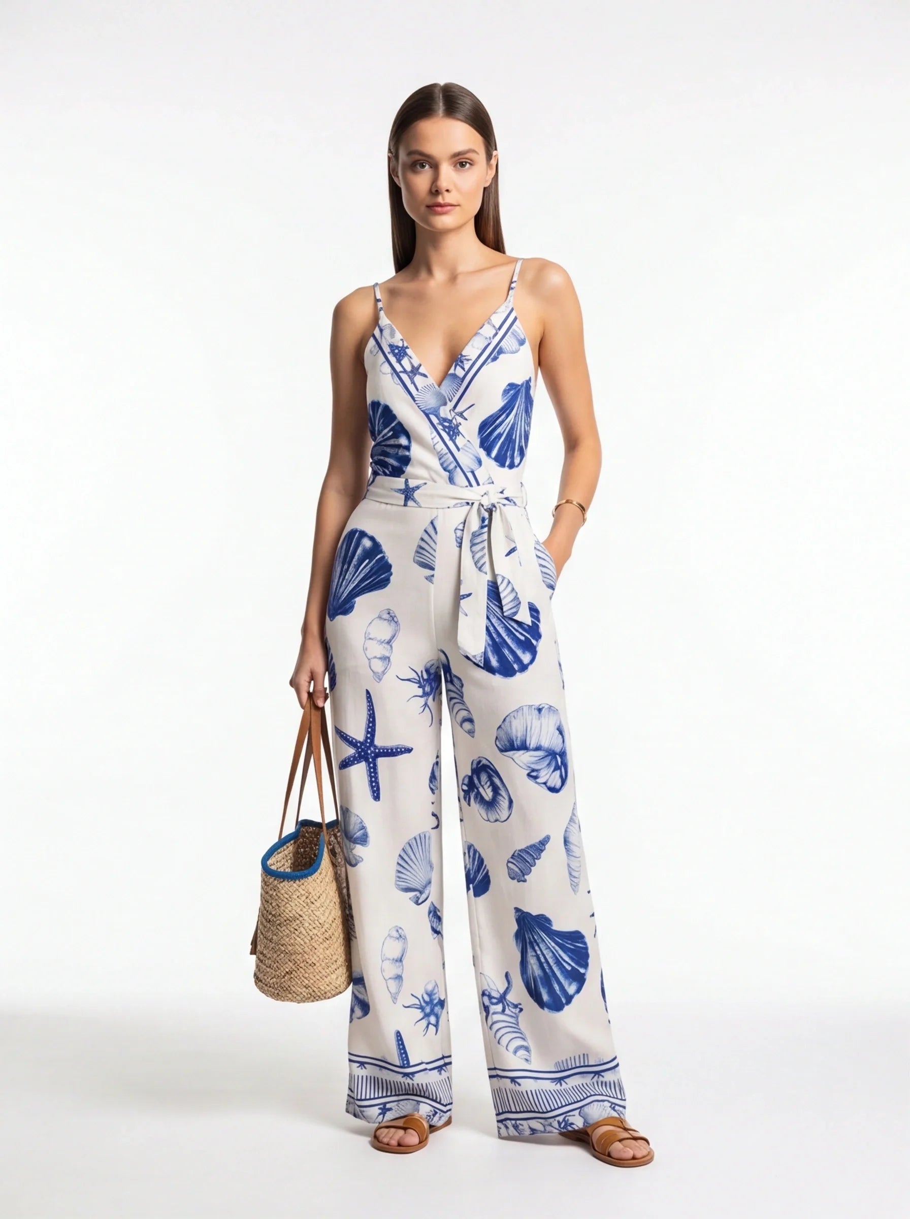 Women's White & Blue Seashell Print Wrap V-Neck Wide Leg Jumpsuit with Adjustable Straps