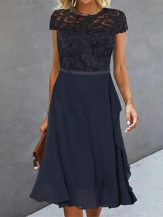 Floral Lace Cap Sleeve Jewel Neck Side Ruffle Cascade Midi Dress