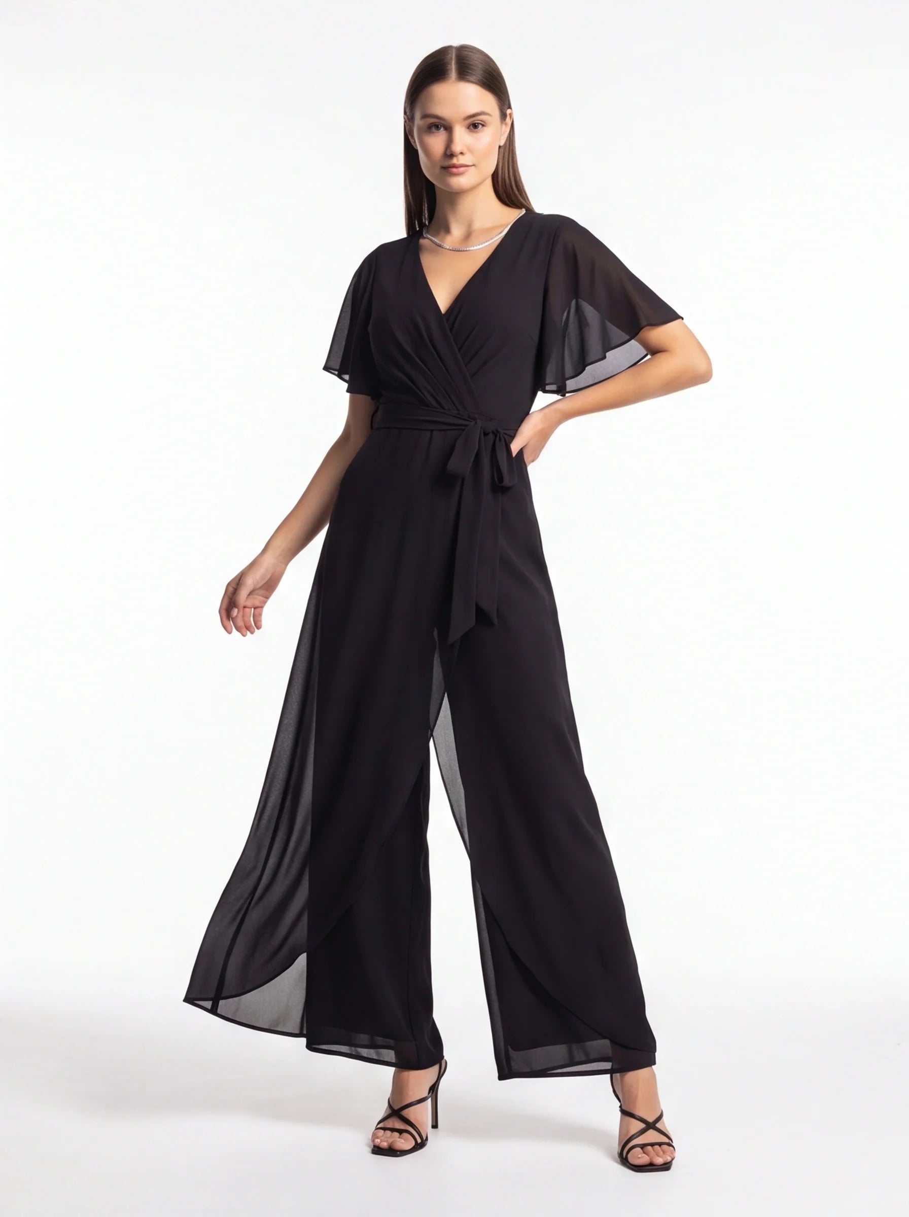 Elegant Wide Leg Jumpsuit Black Wrap V-Neck with Flutter Sleeves Tie Waist - Jamota